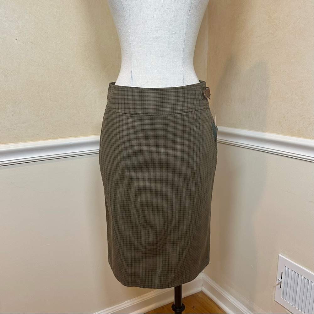 Lauren Ralph Lauren Petite Brown and Green Plaid Pencil Skirt w/ Leather Buckle